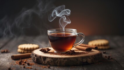 Fototapeta premium Black tea in a cup with biscuits and spices displayed on a dark background