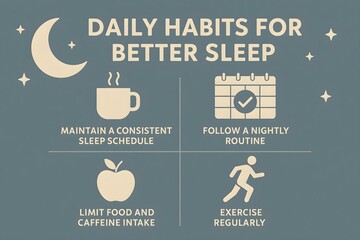 Tips for better sleep: maintain a consistent sleep schedule, follow a nightly routine, limit food and caffeine, exercise regularly. Concept Consistent Sleep Schedule, Nightly Routine