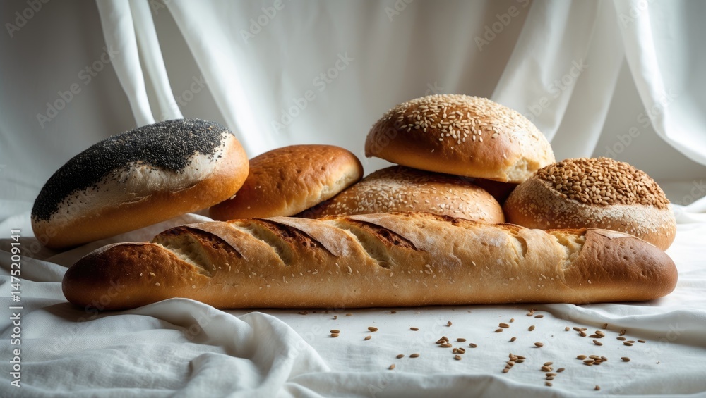 Poster whole grain kaiser rolls sprinkled with poppy and sesame seeds alongside bread with condiments