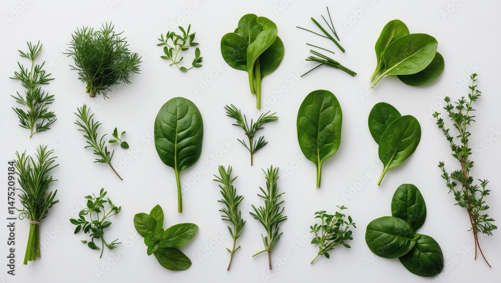 Poster assorted fresh herbs and spices arranged on a white surface, top-down view