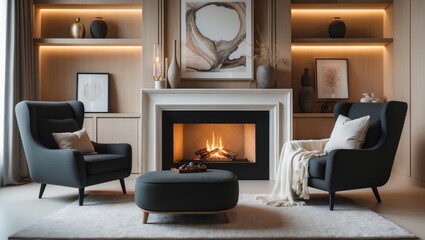 Snug living area decor showcasing comfortable furniture and a decorative fireplace