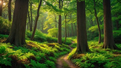 Fototapeta premium Green forest landscape with trees, sunlight, and tranquil outdoor environment