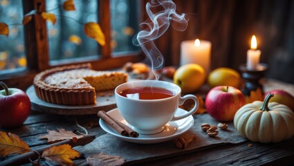 Fototapeta premium Warm tea in a fashionable cup on rustic wood, with a baked apple pie with cinnamon, candle, autumn leaves, pumpkins, and nuts creating a cozy still life atmosphere