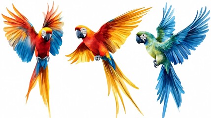 Obraz premium Vibrant Set of Tropical Birds: Parrots, Hummingbird, Jalak - Exotic Avian Collection