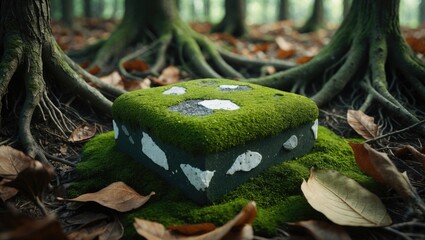 A stone draped in moss resting among tree roots and dry leaves, embodying natural textures and earthy tones that foster calmness and serenity for admirers of nature's subtle elegance.
