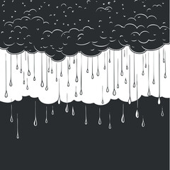 Abstract black and white illustration of rain falling from stylized clouds with dripping water drops
