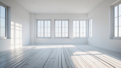 Fototapeta premium Interior design with white walls and wooden flooring