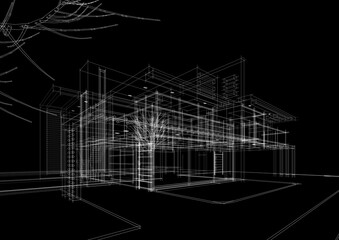 Architectural drawing of a house 3d rendering
