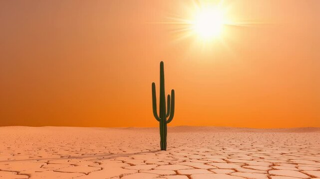 Lone Cactus in Sunlit Desert Landscape with Cracked Earth and Bright Sky Under Arid Suns Gaze