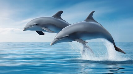 Fototapeta premium Aquatic Dance: Two dolphins leap gracefully out of the ocean, illuminated by sunlight, creating a mesmerizing display of marine beauty.