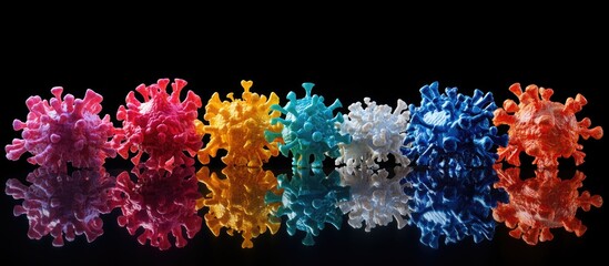 Colorful virus models reflecting on a black surface.