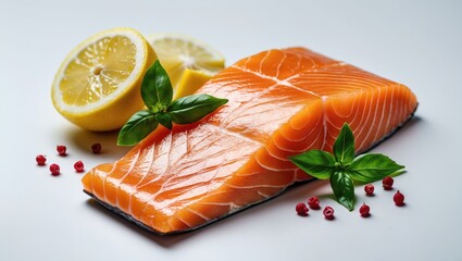 Healthy raw salmon fillet accented with lemon and basil on a white backdrop