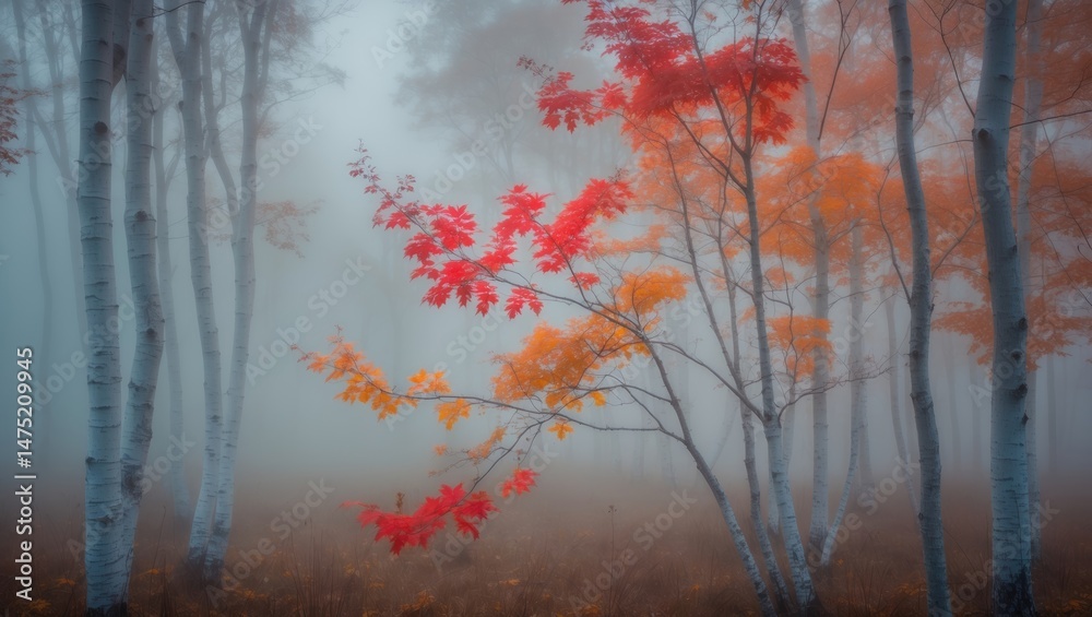 Aufkleber scenic korean fall scenery with a maple tree's red and yellow leaves set against foggy birch forest 