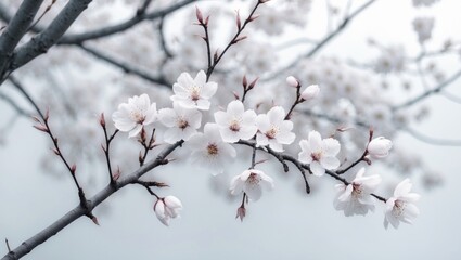 Close-up of cherry and plum blossoms on a branch in bloom