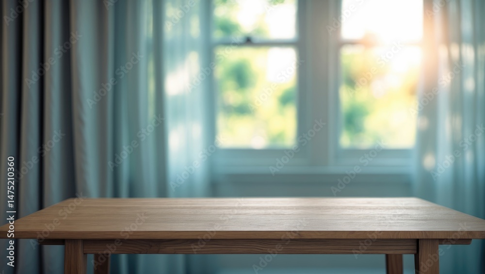 Fototapete empty wood surface positioned near a defocused large window with curtain and abstract backdrop
