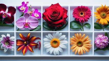 Naklejka premium Multiple Flowers Isolated Against White Background. Array of Nine Flowers