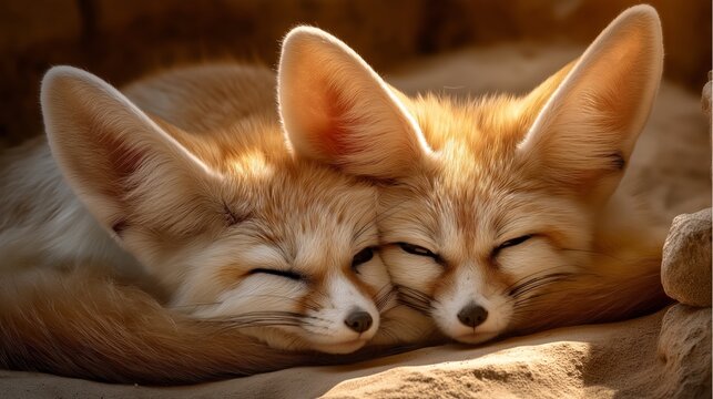Fennec Foxes: A heartwarming image capturing two adorable fennec foxes, their large ears and expressive faces bringing a sense of peace and companionship as they sleep curled up together. 