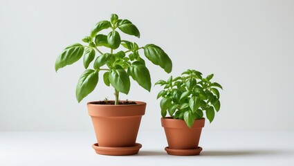 Obraz premium Green basil in terracotta plant pot isolated against white background
