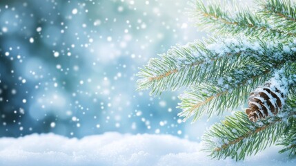 Snow background and pine branch. Christmas background and blank space.
