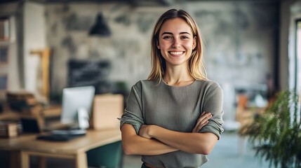 A portrait of a young woman, smiling with confidence, standing in a creative office space. Her crossed arms express both strength and achievement.