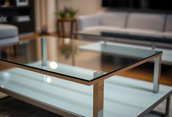 glass table with a metal base in a living room