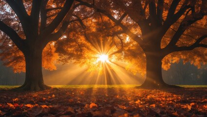 Vivid autumn scene with warm sun rays illuminating trees in a beautiful landscape