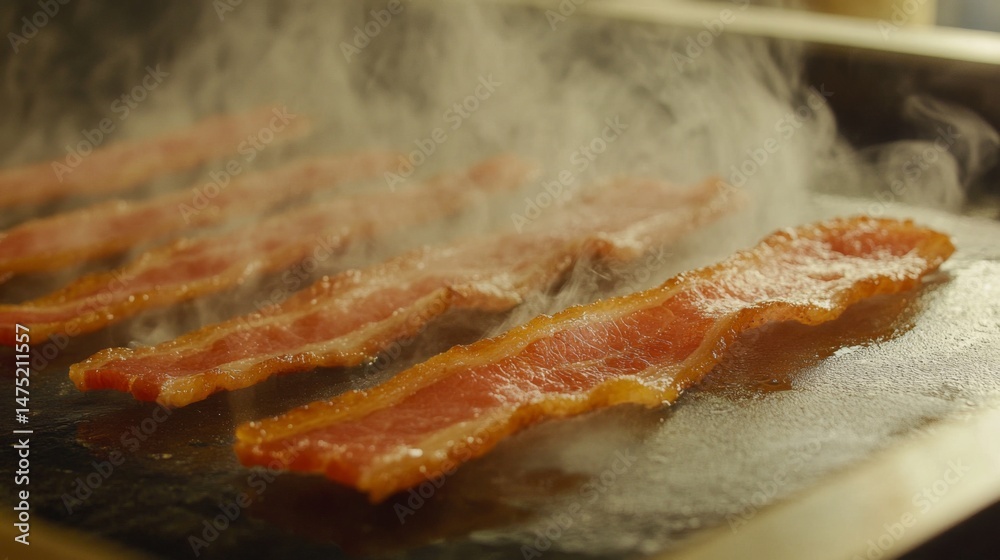 Poster Bacon strips frying in their own fat on a griddle, with a close-up view of the sizzling edges and bubbling grease.