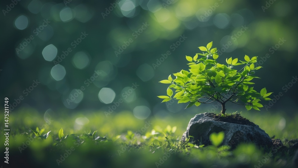 Poster Dark green bokeh background with a small tree emerging from a rock in the lower right corner, horizontal composition with room for text in an intimate scenic landscape