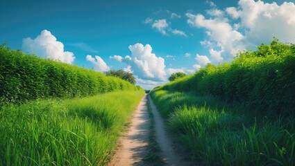 Naklejka premium Picturesque narrow route with a clear blue sky and verdant green grass