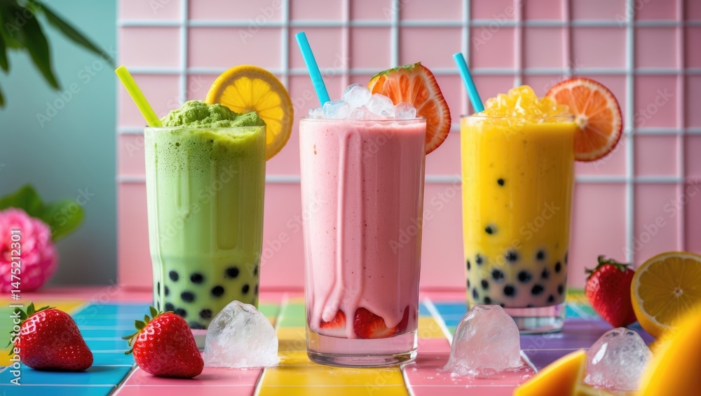 Poster set of three bright summer bubble tea beverages, complete with tapioca pearls and ice, arranged on a