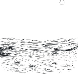Black and white line drawing of a vast desert landscape with sand dunes and sparse vegetation under a sun.
