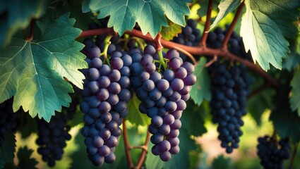 Fototapeta premium Black grape cluster on the vine, ripe and waiting for collection