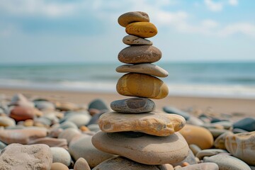 A tranquil scene featuring a balanced stack of smooth pebbles, symbolizing harmony and peace, against a serene beach backdrop with gentle waves.