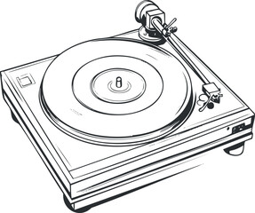 Black and white illustration of a vintage turntable record player with tonearm and stylus for playing vinyl records.
