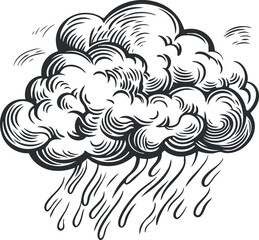 Hand-drawn black and white sketch of a rain cloud with heavy rainfall and stormy weather
