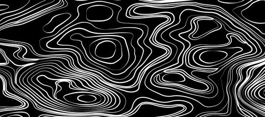Minimalist topographic map design featuring black contour lines on a matte black background, subtle lighting and shadow effects to highlight elevation changes, abstract and modern aesthetic.