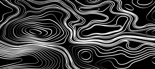 Minimalist topographic map design featuring black contour lines on a matte black background, subtle lighting and shadow effects to highlight elevation changes, abstract and modern aesthetic.