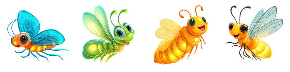 Cartoon Firefly, Glowing tail with happy face and floating pose, Light Bug, isolated on white background or transparent PNG