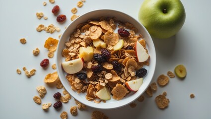 Fototapeta premium Yummy and healthy granola or muesli combined with fresh apple, filled with dried fruits, nuts, and grains