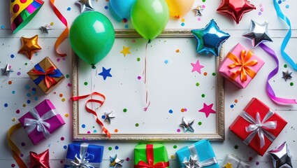 Festive holiday setting with bright balloons, gifts, confetti, silver stars, carnival caps, and streamers, perfect for greeting cards in flat lay style