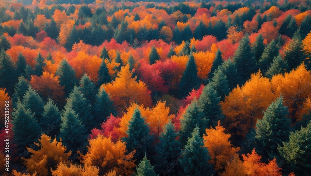 Poster bright autumn forest view with trees and a clear blue sky displaying vibrant seasonal colors