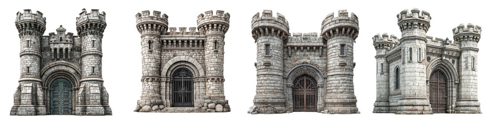 Castle Gatehouse, Fortified entry structure with iron portcullis, Defensive Entrance, isolated on white background or transparent PNG