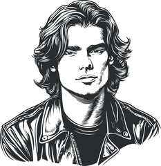 Black and white sketch of a young man with long hair wearing a leather jacket, showing a confident expression.