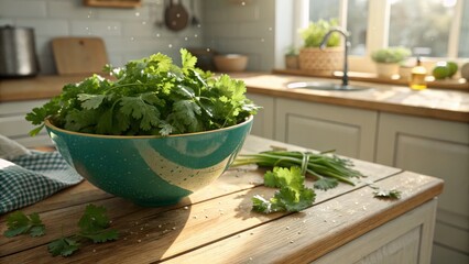 Sunlit Cilantro in Teal Bowl Kitchen Still Life, Food Photography, Herbal Composition. Cilantro, Still Life