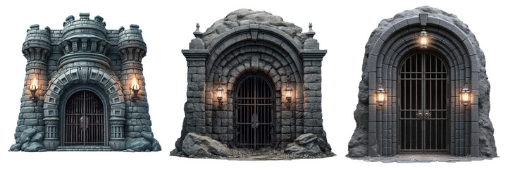 Fototapeta premium Dungeon Entrance, Dark stone doorway with iron gate and torches, Underground Access, isolated on white background or transparent PNG
