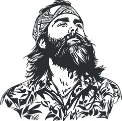 Black and white illustration of a bearded man wearing a patterned bandana and shirt with confident expression