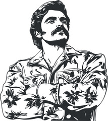 Black and white illustration of a confident man with mustache wearing a patterned jacket with arms crossed.