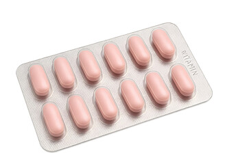 A blister pack containing pink vitamin tablets arranged in two rows. Concept Vitamin Tablet Packaging, Blister Pack Design, Pink Tablets, Organized Arrangement, Pharmaceutical Presentation