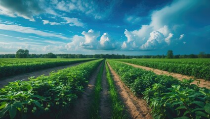 Field of Blueberries, Bushes with Potential Berries Against the Sky. Berry Farm.