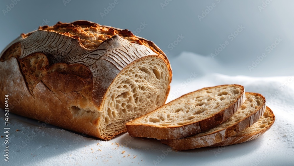 Poster baked bread loaf with sliced sections